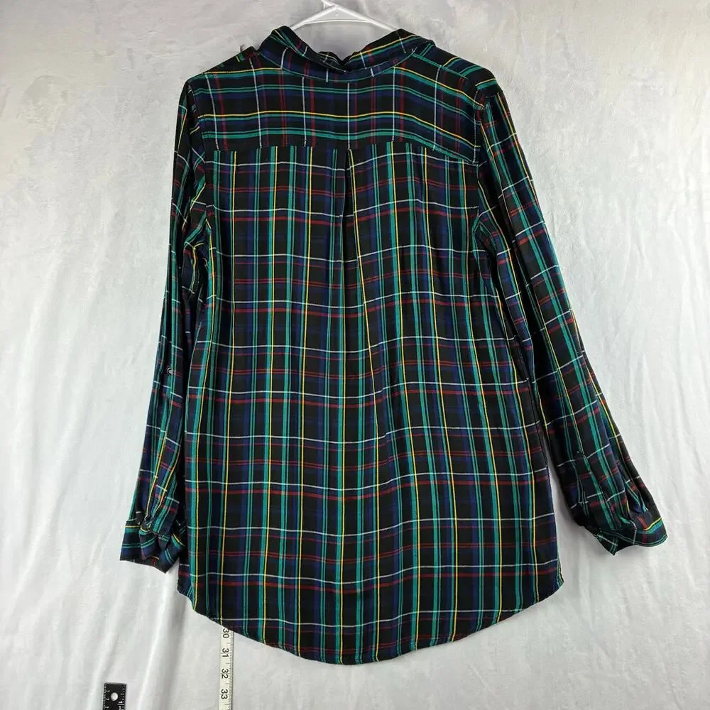 Cato Long Sleeve Button Up Blouse Womens Medium Plaid Black Dark Academia Neons